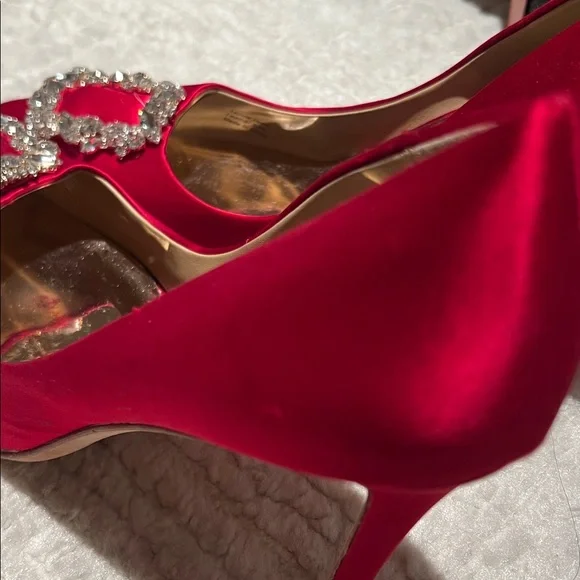 Badgley Mischka Red Satin Heels with Crystal Buckle - Picture 6 of 10